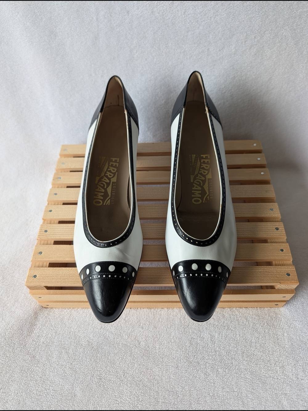 Salvatore Ferragamo Black & White Leather Pointed Toe Flats